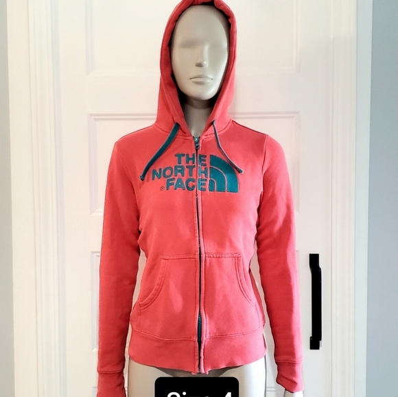 The North Face Womens XS 4 Embroidered Zip Hoodie Fleece Lined Coral Teal Jacket - Picture 10 of 15